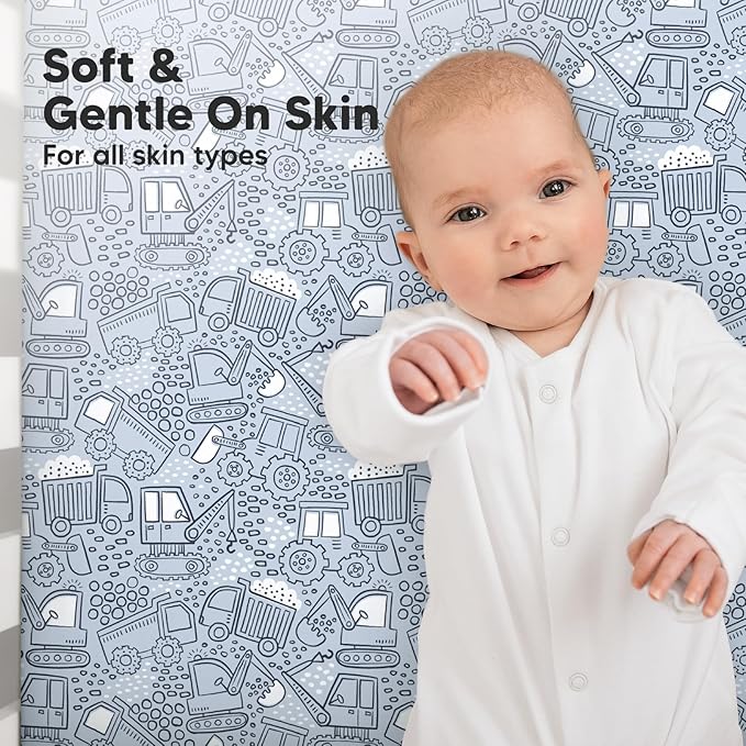 KeaBabies 2-Pack Organic Crib Sheets for Boys, Girls - 52x28 Fitted Crib Mattress Sheet Neutral, Breathable Jersey Cotton Cover for Baby Bed, Toddler Mattress, Soft & Cute Prints (Excavation)-BubblyBeeBaby