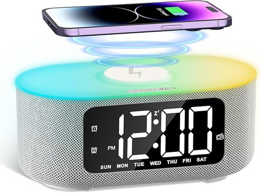 JALL Fabric Alarm Clock for Bedroom, with Big Led Screen Display, Bluetooth Stereo Sound Speaker, FM Radio, Fast Wireless Charging, USB Charging Port, Nightlight, White Noise, Ideal for Gift, Gray-BubblyBeeBaby