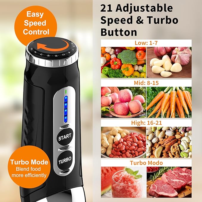 Immersion Blender Handheld, 3-Angle Adjustable with 21-Speed Electric Hand Emulsion Stick Blender with Stainless Steel Blade for Milkshakes, Puree, Soup, Baby Food, Smoothies-BubblyBeeBaby