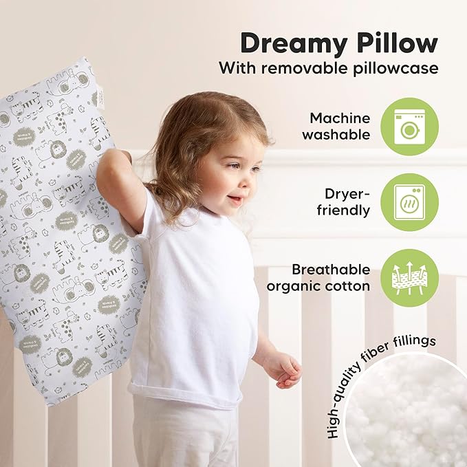 KeaBabies Toddler Pillow with Pillowcase, Jumbo 14X20 - Soft Organic Cotton Toddler Pillows for Sleeping - Machine Washable - Perfect for Travel, Toddler Bed Set (KeaSafari)-BubblyBeeBaby