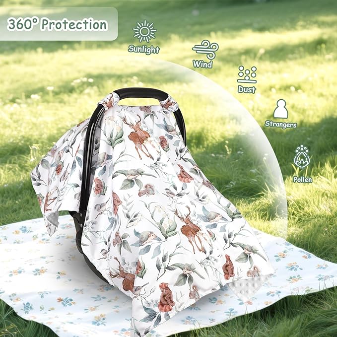TANOFAR Baby Carseat Canopy, Peekaboo Opening Car Seat Canopy for Babies, Soft and Breathable Infant Carrier Canopy, Multi-use Baby Carrier, Stroller, Nursing Cover, Minky Blanket, Animal Leaf-BubblyBeeBaby