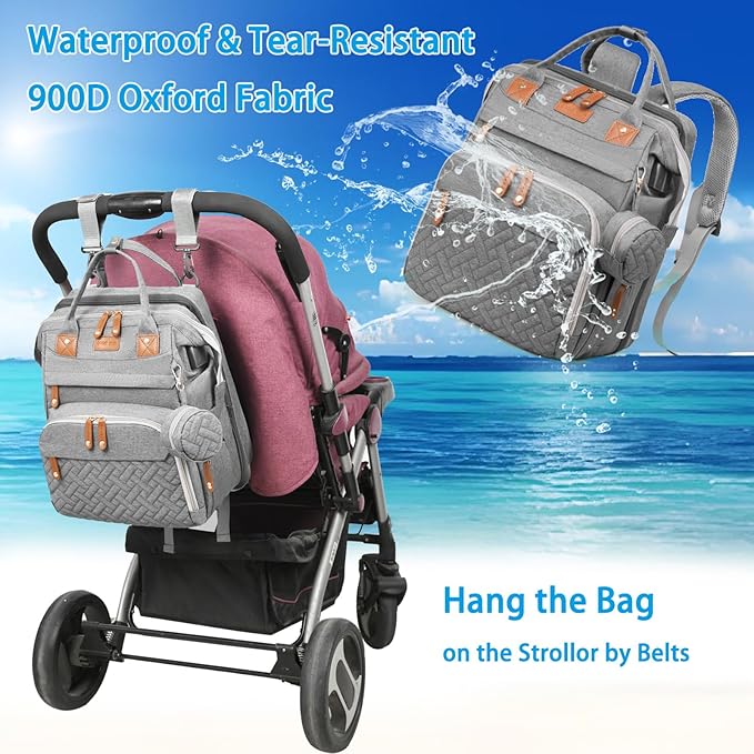 Jeryswet Baby Diaper Bags with Changing Station, Waterproof Large Capacity Diaper Bag Backpack for Moms Dads with USB Charging Port and Stroller Straps, Baby Shower Gifts, Grey-BubblyBeeBaby