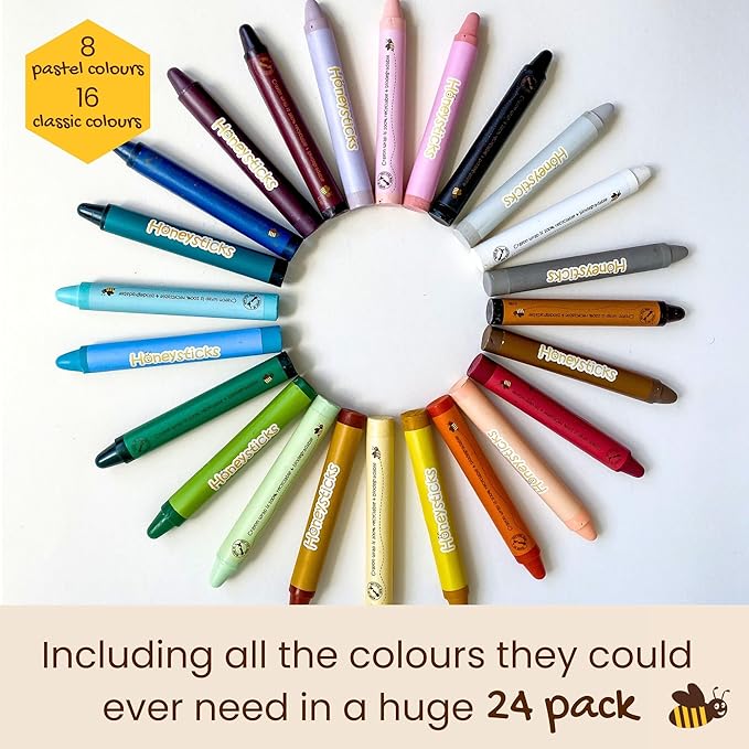 Honeysticks Jumbo Crayons (24 Pack) - Non Toxic Crayons - 100% Pure Beeswax and Food Grade Colors - 24 Bright Colors - Large, Easy to Hold and Use - Preschool Art Supplies for Toddlers/Kids 3-5, 4-8-BubblyBeeBaby