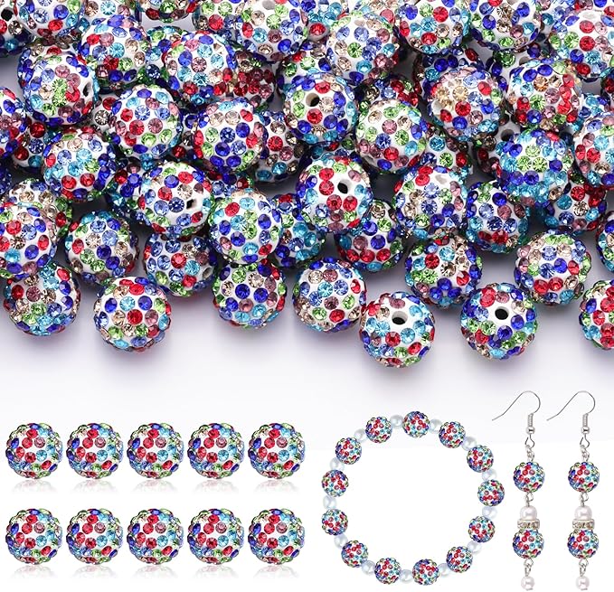 200pcs 10mm Rhinestone Beads for Jewelry Making, White Mixed Shiny Round Disco Ball Beads Bulk, Sparkle Crystal Clay Christmas for Bracelet Baseball Necklace Earring Crafting and DIY-BubblyBeeBaby
