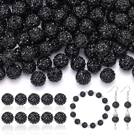 160pcs 10mm Rhinestone Beads for Jewelry Making, Black Shiny Round Disco Ball Beads Bulk, Sparkle Crystal Clay Christmas for Bracelet Baseball Necklace Earring Crafting and DIY-BubblyBeeBaby