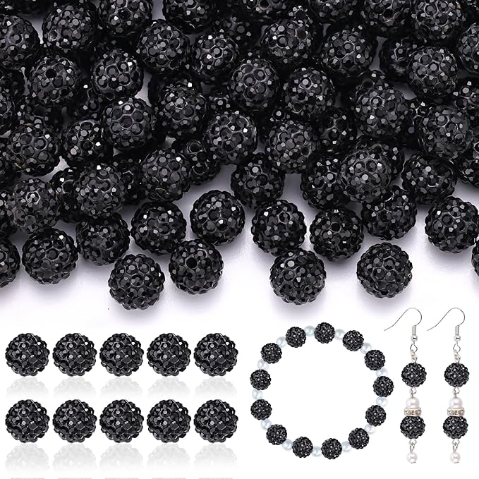 200pcs 10mm Rhinestone Beads for Jewelry Making, Black Shiny Round Disco Ball Beads Bulk, Sparkle Crystal Clay Christmas for Bracelet Baseball Necklace Earring Crafting and DIY-BubblyBeeBaby