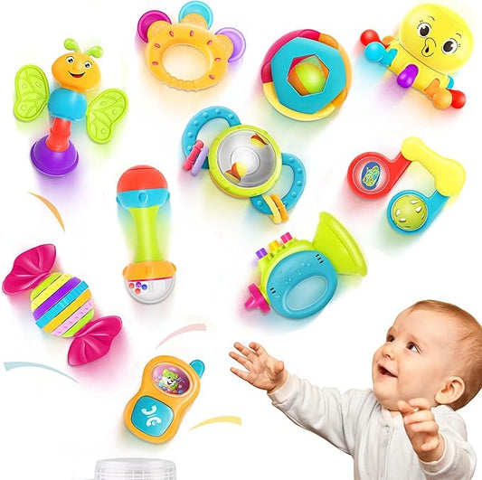iPlay, iLearn 10pcs Baby Rattles Toys Set, Infant Grab Shake Rattle, Easy Hold Sensory Teether, Babies Development Learning Music Toy, Newborn Shower Birthday Gift 1 2 3 4 5 6 7 9 10 12 Month Boy Girl-BubblyBeeBaby