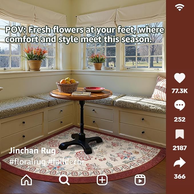 jinchan Floral Corner Rug for Living Room Washable Bedroom Rug Vintage Romance Design Non Slip Quarter Circle Lightweight Low-Pile Throw Carpet for Reading Nook Playroom,7ft Radius, Red/Beige-BubblyBeeBaby