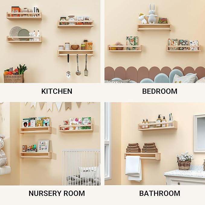 Heimlove Nursery Floating Shelves, Wood Nursery Book Shelves for Wall, 16 inch Wall Bookshelf for Kids Solid Wood Wall Mounted Shelves for Books,Toys and Decor Storage, Set of 2-BubblyBeeBaby