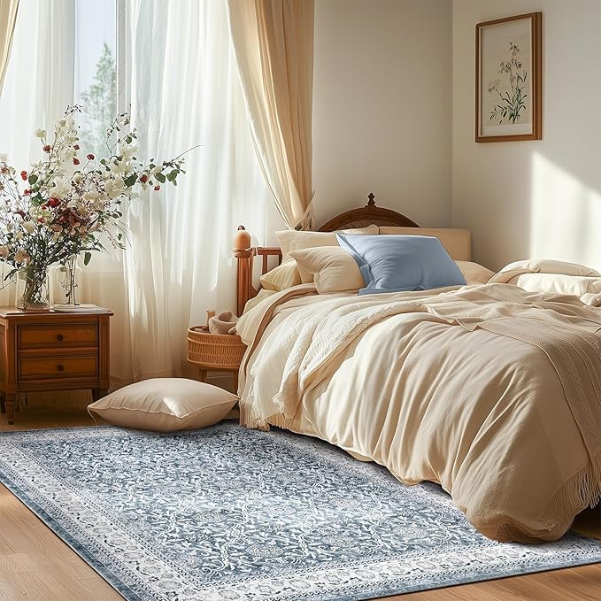 jinchan Floral Area Rugs 4x6 - Machine Washable Vintage Distressed Boho Design Throw Rug Stain Resistant Carpet Low Pile Ultra-Thin Non-Slip for Bedroom Living Room Dining Room Kitchen (4‘x6',Grey)-BubblyBeeBaby