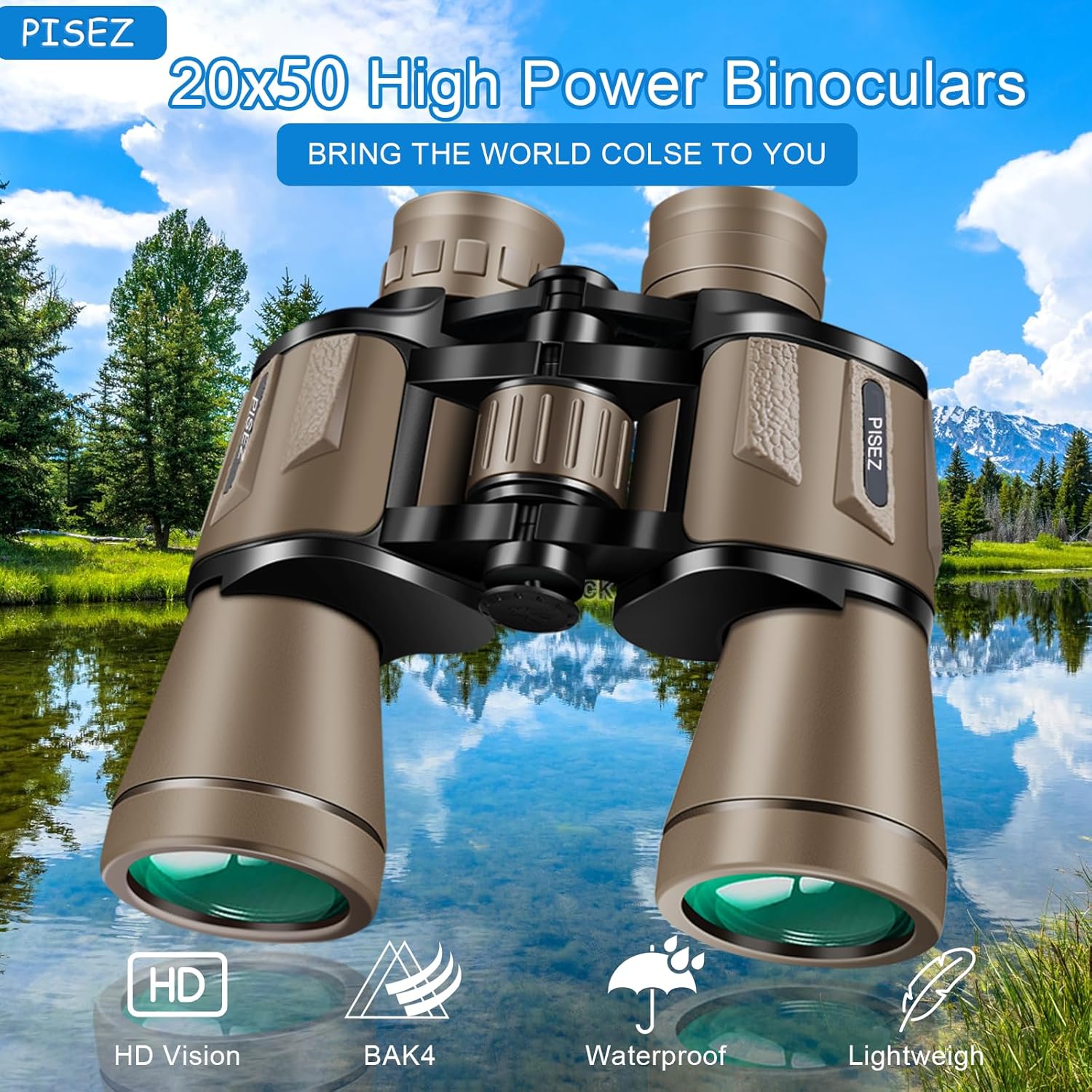 PISEZ 20X50 Binoculars for Adults High Powered with Low Light Vision，Large View Waterproof Binoculars for Bird Watching Hunting Concert Traveling Theater Opera Sightseeing