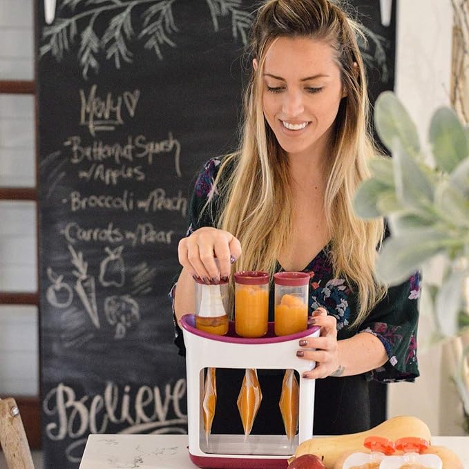 Infantino Squeeze Station, Baby Food Maker & Pouch Filler, Fill 3 Reusable Pouches at Once, Easy to Use, Dishwasher Safe, Homemade Baby Food Prep Essential, Purple-BubblyBeeBaby