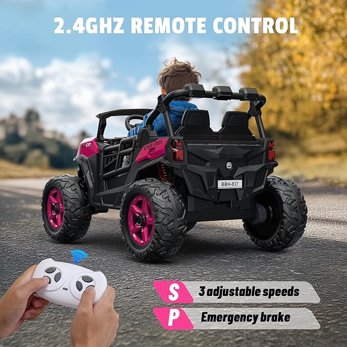 24V 2 Seater Ride on Car Truck, 4x200W, EVA Tires, 4WD/2WD, Rainbow Lights, Remote Control, Shock Absorbers, Bluetooth, Ride On UTV Toy for Kids Ages 3-8, Pink-BubblyBeeBaby