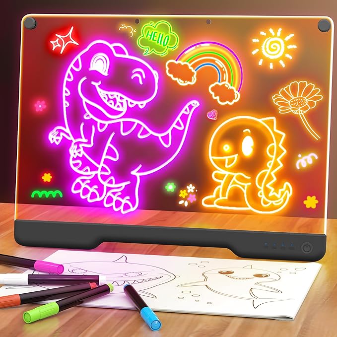 16-Inch Rechargeable Doodle Glow LED Note Board, 7-Color Light Modes, Neon Art Dry Erase Light Up Drawing Pad with Built-in Stand, Sketching Gift Toy for Kids/Girls/Teens, 5 Markers & Tracing Book-BubblyBeeBaby