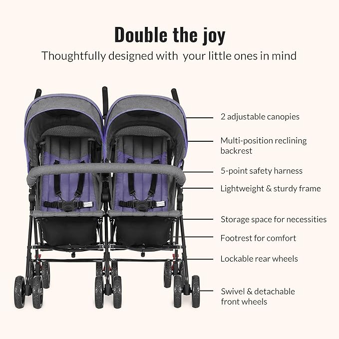 Dream On Me Volgo Twin Umbrella Stroller in Purple, Lightweight Double Stroller for Infant & Toddler, Compact Easy Fold, Large Storage Basket, Large and Adjustable Canopy-BubblyBeeBaby