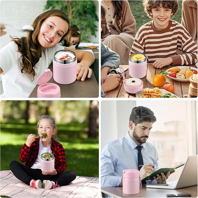 17oz Soup Thermo for Hot Food Kids,Insulated Food Jar with Spoon,Thermo Hot Food Lunch Container,Wide Mouth Leakproof Stainless Steel Lunch Box for School-Pink-BubblyBeeBaby