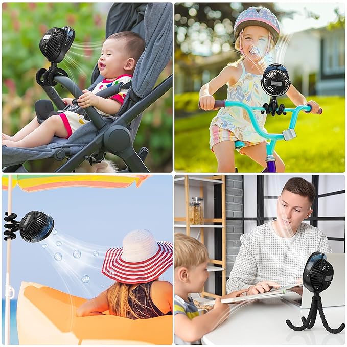 2025 Upgarded 4000mAh Misting Baby Stroller Fan, Rechargeable Battery Operated,Max 15Hrs Cooling,50ml Portable Water Sprayer Misting Fan with Flexible Tripod Clip on Car Seat Crib Treadmill Bunk Bed-BubblyBeeBaby