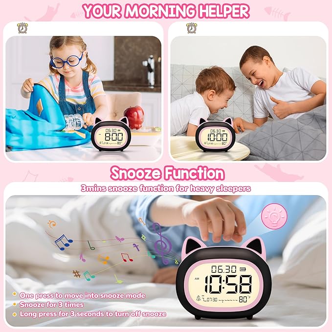Kids Alarm Clock with Night Light for Kids, Small Digital Alarm Clocks for Bedrooms, Routine Builder, Cute Cat Alarm Clock with Sleep Training, Snooze, 12/24H, Date & Day, Temperature, USB Port-BubblyBeeBaby