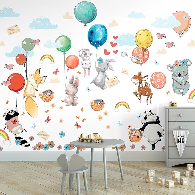 Hot Air Balloon Wall Decals by Lipastick - Peel and Stick Animal Stickers Raccoon, Fox, Koala, Panda for Kids Room, Nursery, Playroom, Bedroom - Removable Wall Decor for Boys, Girls, Babies - XXL Size-BubblyBeeBaby