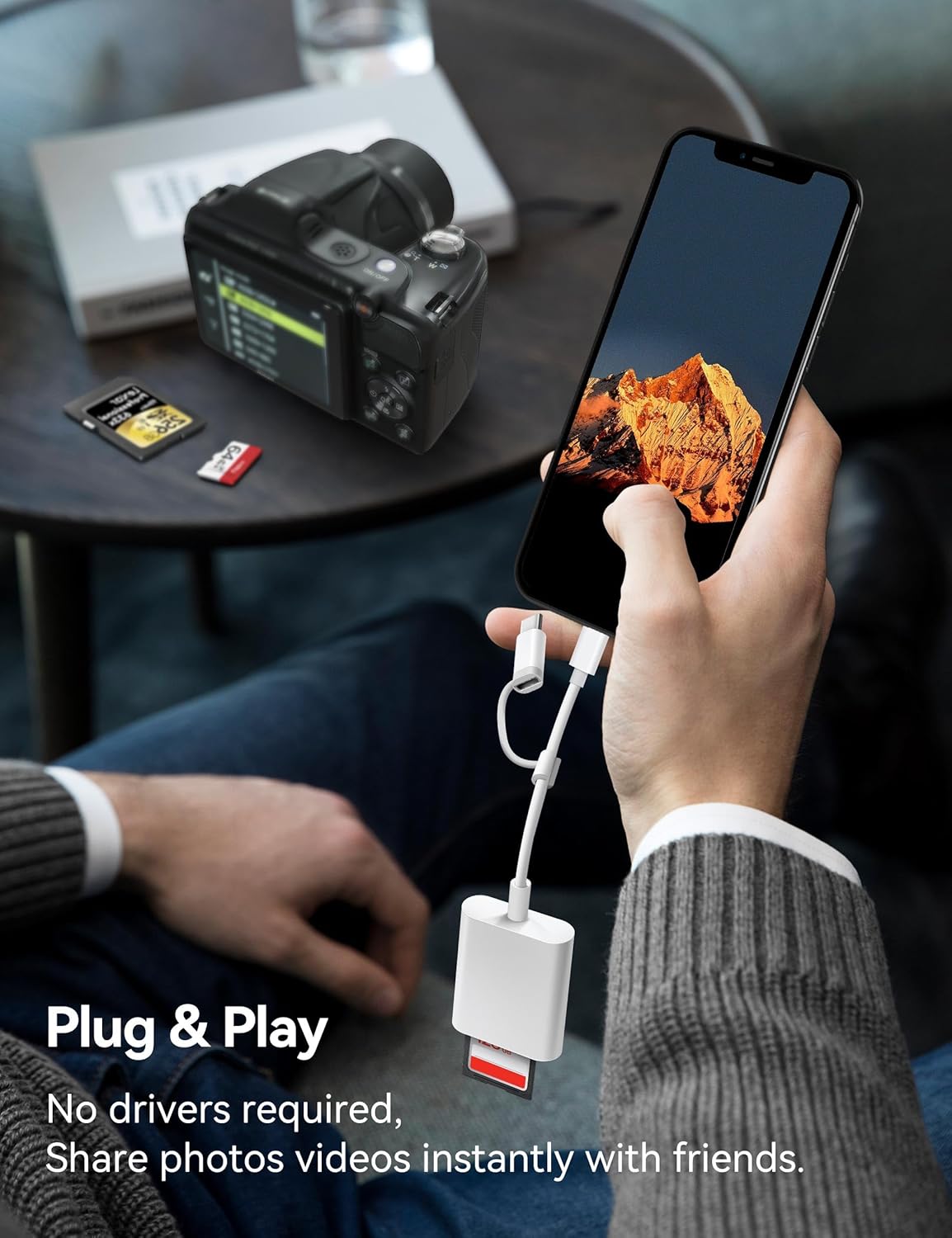 SD Card Reader for iPhone, SD Card Adapter with Lightening & USBC Dual-Connector for iPhone 5-14, USB-C iPhone 15, iPad, Mac or MacBook, Supports SD MicroSD Trail Camera Viewer, Plug and Play