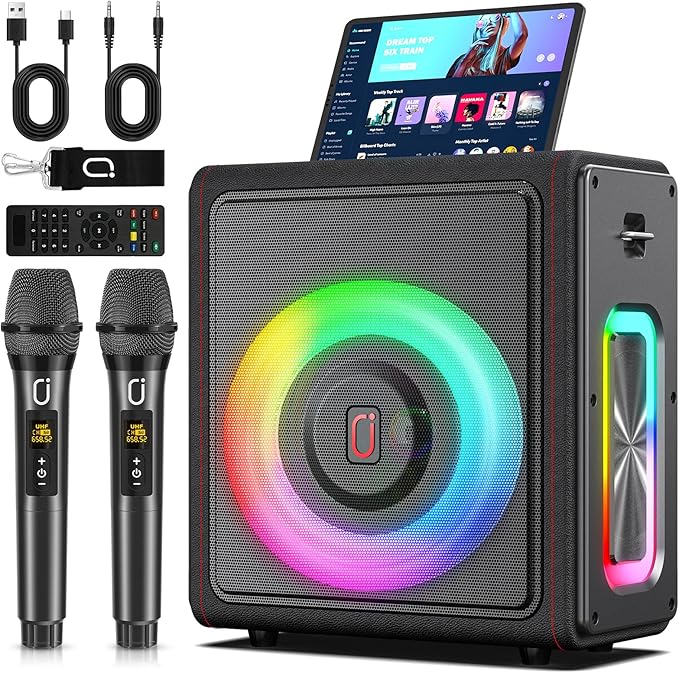 Karaoke Machine, Portable Bluetooth 5.3 Speaker with 2 Wireless Microphones for Adults, PA System with Pitch Correction & Echo Adjustment, Supports TWS/TF Card/USB/AUX/Live for Home Party-BubblyBeeBaby
