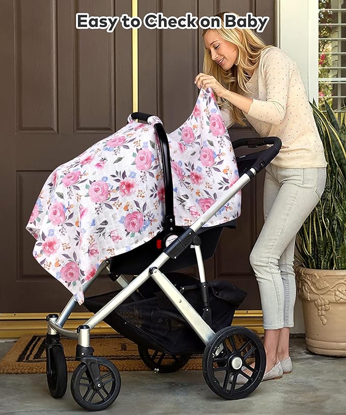 Rquite Muslin Car Seat Cover Baby, Carseat Covers Baby Girl Boy, Breathable Lightweight Infant Car Seat Cover, Baby Carrier Cover Car Seat Canopy Stroller Sun Shade for Summer & Hot Day, Universal Fit-BubblyBeeBaby