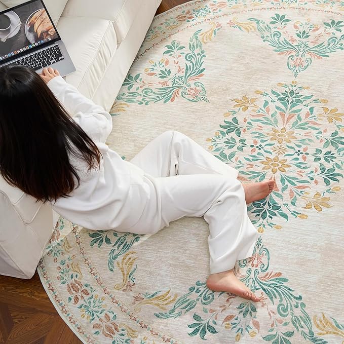 jinchan Round Rug 8ft Area Rugs,Vintage Floral Distressed Design Machine Washable Soft Non-Slip Low-Pile Ultra-Thin Circle Rug for Living Room Dining Room Bedroom Home Office (8' Round,Apricot Multi)-BubblyBeeBaby
