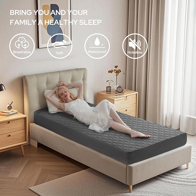 2 Pack Waterproof Mattress Protector, Twin XL Size Mattress Pad with Deep Pocket 6"-15" Depth, Soft Breathable Dirt-Proof Single Bed Mattress Cover for Bedroom, Dorm Room (Gray)-BubblyBeeBaby