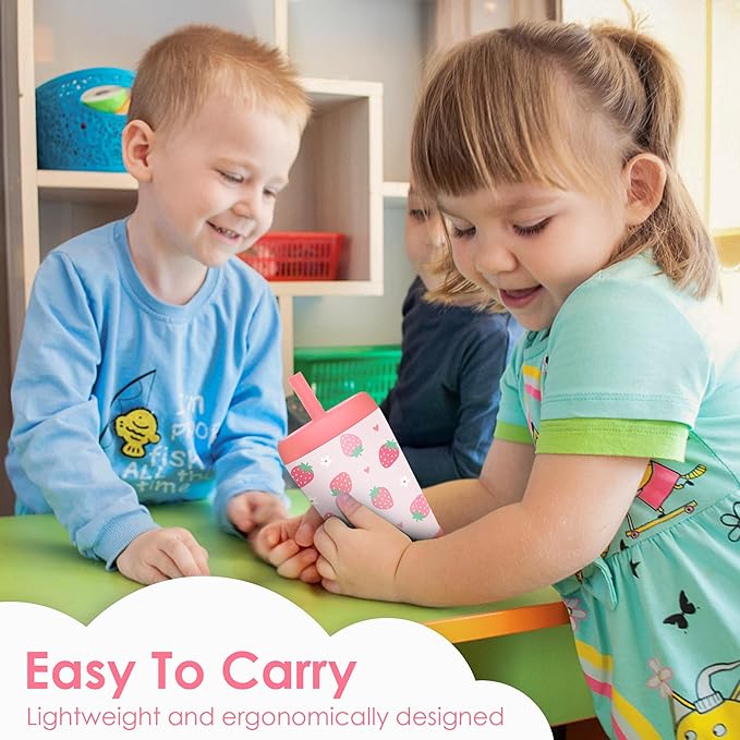 Kid Insulated Stainless Steel Tumbler with Silicone Straw, 12oz Sippy Cup for Kids (Strawberry)-BubblyBeeBaby