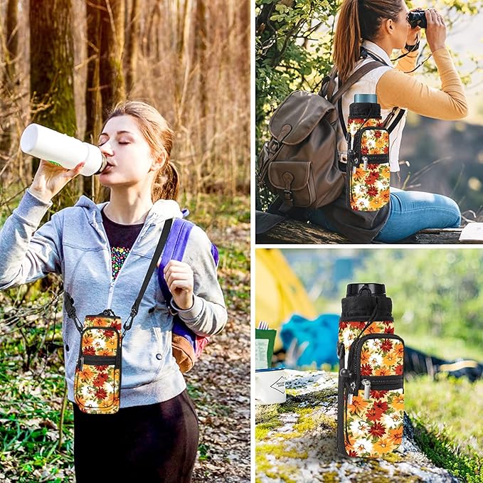25/32/40/64oz Water Bottle Bag Holder Carrier-Insulated Crossbody Sling Case Sleeve with Strap & Pockets for Men Women Gym Cycling Travel Walking Hiking Camping-BubblyBeeBaby