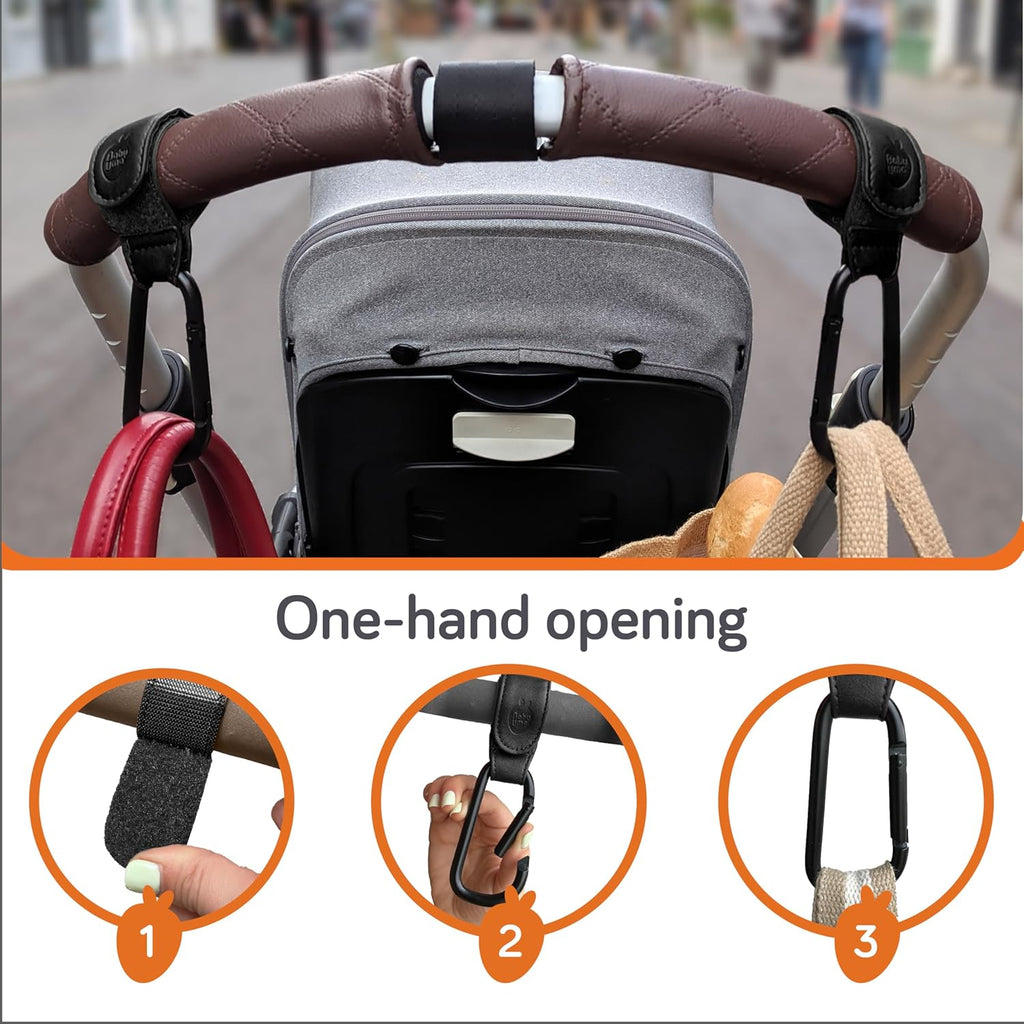 Baby Uma Stroller Hooks for Bags (2 Pack) - Faux-Leather Stroller Clips and Hooks, Universal, 11 lb Weight Capacity per Carabiner, Adjustable & Non-Slip, Baby Travel Essential (Black)