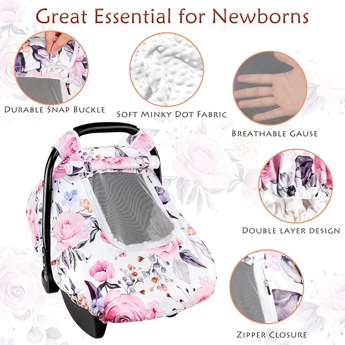 Floral Baby Carseat Cover Girls, Pea Pod Infant Car Seat Covers Canopy for Newborn with 2 Layers Windows of Breathable Mesh/Fabric, Lightweight Polyester/Minky Dot Backing, Snug Fit Most Baby Car Seat-BubblyBeeBaby