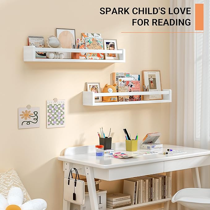 Heimlove Nursery Floating Shelves, White Nursery Book Shelves for Wall, 32 inch Wall Bookshelf for Kids Solid Wood Wall Mounted Shelves for Books,Toys and Decor Storage, Set of 3-BubblyBeeBaby