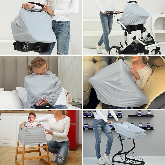 Breathable Car Seat Cover for Babies – Multi-Purpose Soft Rayon Nursing Cover for Breastfeeding, High Stretchy Infant Carseat Canopy, Stroller Cover (Smooth Rayon, Light Grey)-BubblyBeeBaby