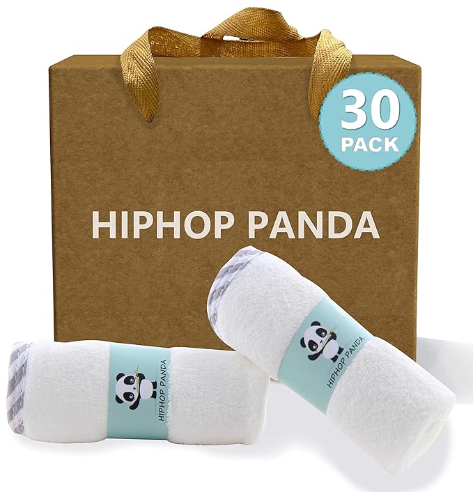 HIPHOP PANDA Baby Washcloths, Rayon Made from Bamboo - 2 Layer Ultra Soft Absorbent Newborn Bath Face Towel - Reusable Baby Wipes for Delicate Skin - Gray Stripe, 30 Pack-BubblyBeeBaby