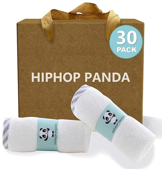 HIPHOP PANDA Baby Washcloths, Rayon Made from Bamboo - 2 Layer Ultra Soft Absorbent Newborn Bath Face Towel - Reusable Baby Wipes for Delicate Skin - Gray Stripe, 30 Pack-BubblyBeeBaby