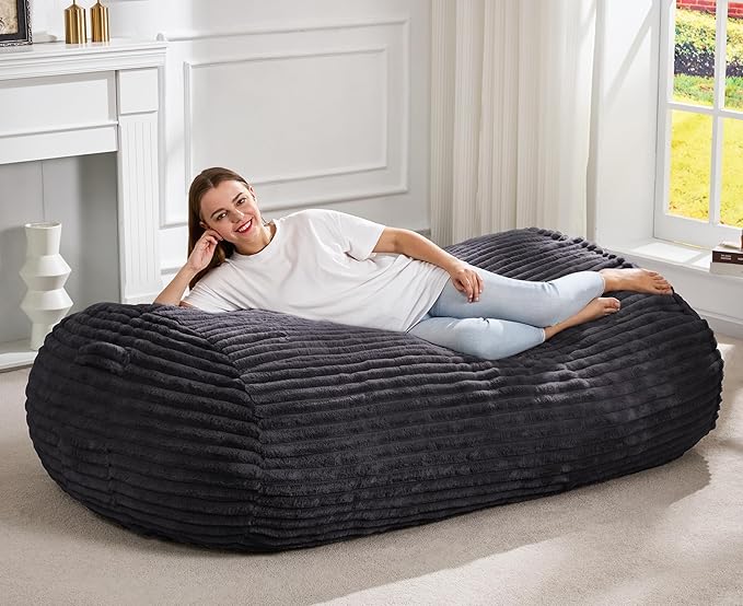 Hobestluk 5FT Bean Bag Chairs Adult Bean Bag with Portable Handle Comfy Large Bean Bag Lounge Chair with Removable Cover for Living Room Bedroom (Stripe Dark Grey, 5FT)-BubblyBeeBaby
