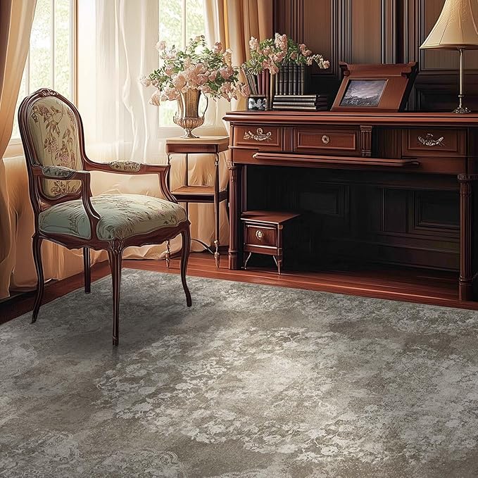 jinchan Washable Area Rug 6x9 for Living Room - Soft Faux Wool Ultra-Thin Stain Resistant Non-Slip Distressed Vintage Floral Large Carpet for Bedroom,Dining Room,Home Office,Nursery(Brown, 6'x9')-BubblyBeeBaby