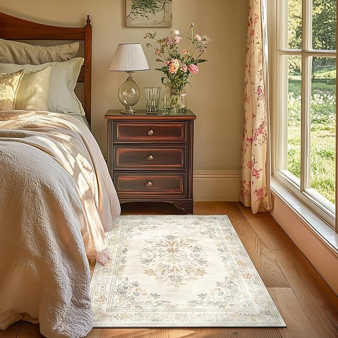 jinchan Vintage Floral 3x5 Area Rugs for Entryway - Machine Washable Distressed Design Ultra-Thin Low-Pile Soft Non-Shedding Carpet for Kitchen Bedroom Entrance Laundry Living Room (3x5ft,Light Grey)-BubblyBeeBaby