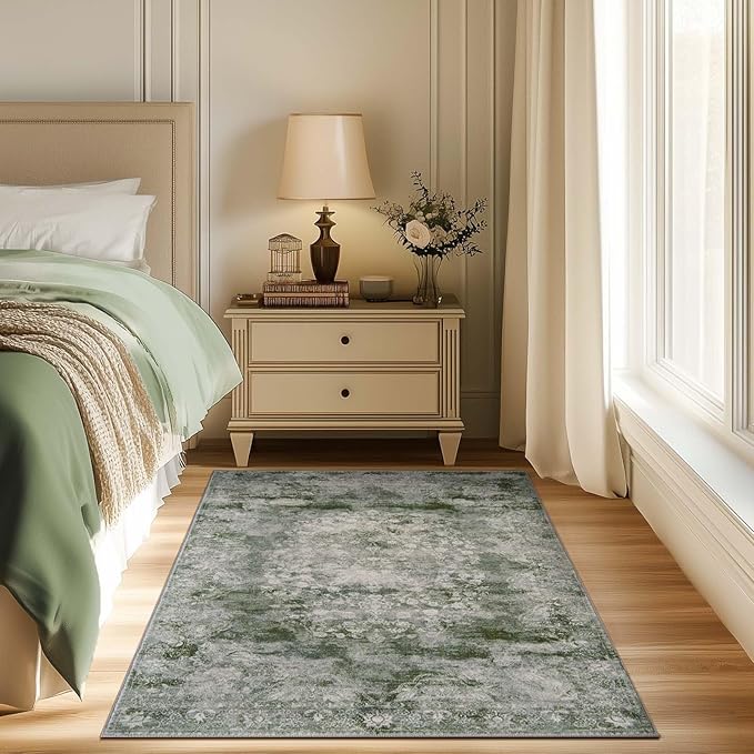 jinchan Green Floral 3x5 Area Rugs for Entryway - Machine Washable Vintage Distressed Design Low-Pile Soft Non-Shedding Carpet for Kitchen Bedside Laundry Living Room (3x5ft, Forest Green)-BubblyBeeBaby