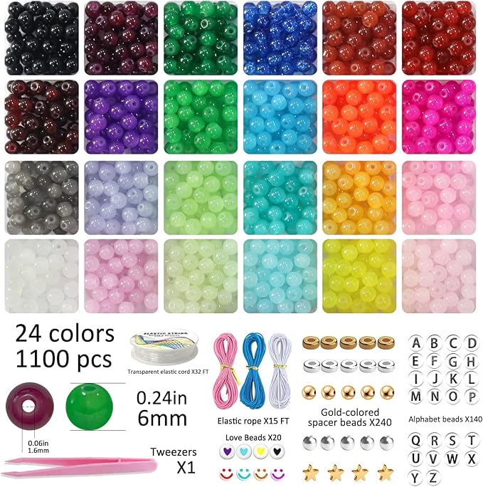 JULIMAIDONG 6mm Glass for Bracelets 1400pcs, 24 Colors Round Crystal Glass Bracelet Making Kit for Jewelry Making Kits Bead DIY Crafts with Spacer Charms Accessories (6mm, 24Color)-BubblyBeeBaby