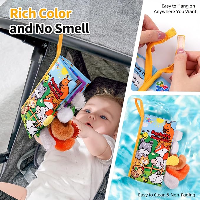 Jollybaby Baby Cloth Books, Touch & Feel Crinkle Soft Books, for Infants Babies, Toddler Early Educational Interactive Stroller Toys, Baby Girl & Boy Gift(Plush Tails)-BubblyBeeBaby