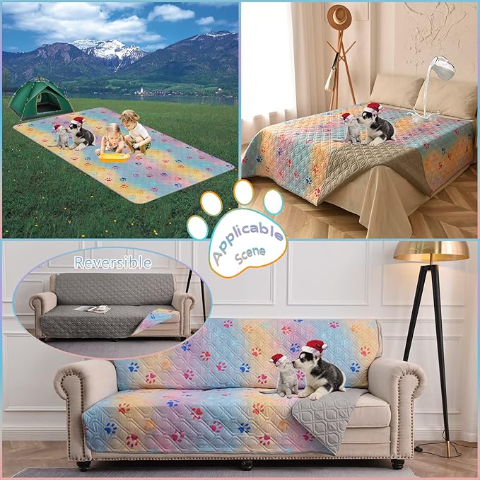 100% Waterproof Dog Bed Cover 102x82 in Reversible Changing Pad Reusable Camping Mat for Kids/Pet/Dog/Cat Washable Geometric Embroidery Blanket Patchwork Rainbow Dog Paw Printed+Gray-BubblyBeeBaby