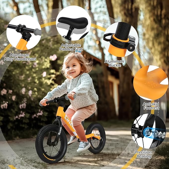 12" Balance Bike for 2, 3, 4, 5 Year Old Boys and Girls, Lightweight Nylon Frame Toddler Training Bike No Pedal Bikes for Kids with Adjustable Seat and Air Tires-BubblyBeeBaby
