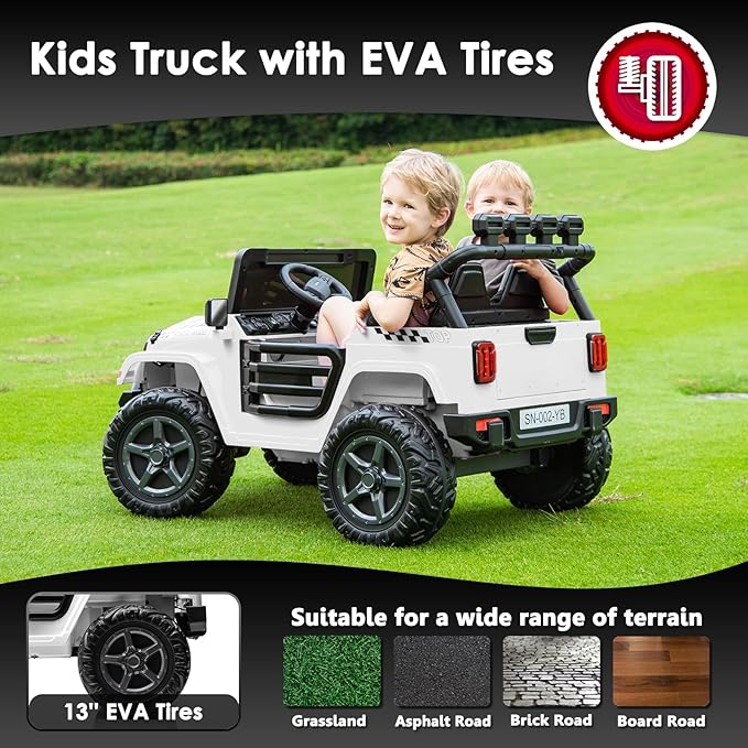 24V 2 Seater Ride On Truck with Remote Control 4WD Electric Car for Kids Ride On Car Battery Powered Ride On Toy Car with Music Player, LED Lights, Bluetooth, Rear Shock Absorber, White-BubblyBeeBaby