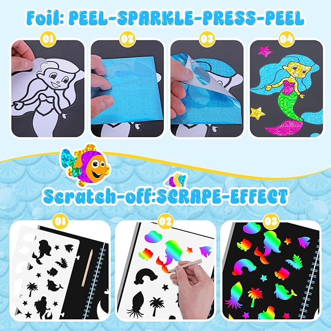 homicozy Art & Craft Activity for Kids - Foil Fun Mermaids & Scratch Art Book 2-in-1, No Mess Art Crafts for Girls,DIY Creative Activity Kit,Gifts for Girls Ages 4, 5, 6, 7, 8, 9, Travel Toys-BubblyBeeBaby