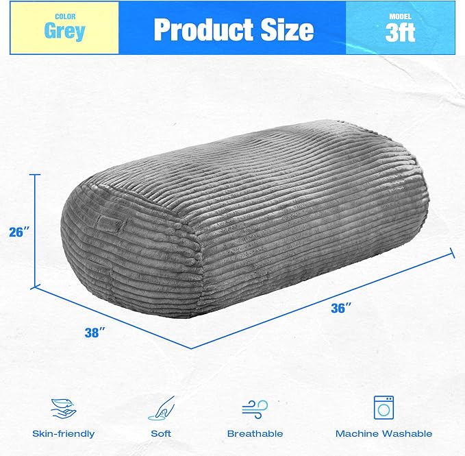 Hobestluk 3FT Bean Bag Chairs Adult Bean Bag with Portable Handle Comfy Large Bean Bag Chair with Removable Cover for Living Room Bedroom or Reading Nook (Stripe Grey, 3FT)-BubblyBeeBaby