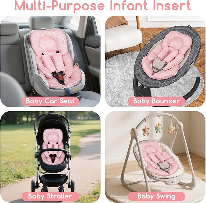 Infant Car Seat Insert for Newborn Girls Boys, Summer Mesh Baby Carseat Head Support with Strap Pads, Soft Reversible Baby Car Seat Insert Cushion Pad for Car Seat, Stroller, Bouncer, Swing, Pink-BubblyBeeBaby