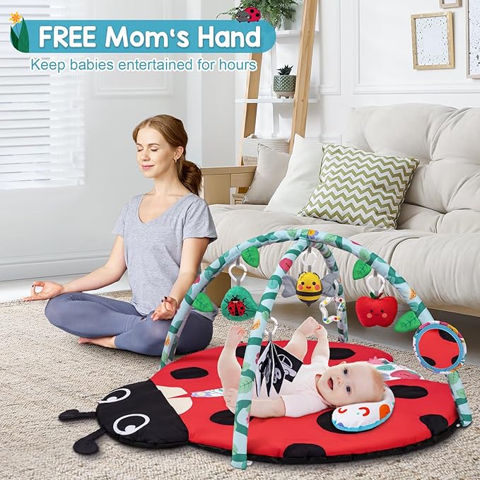 Jyusmile Baby Play Gym Mat, 8-in-1 Tummy Time Mat with 6 Toys, Washable Baby Activity Mat for Visual, Hearing, Sensory, Motor Development, Baby Essentials Gift for Newborn Infant 0-3-6-9-12 Months-BubblyBeeBaby