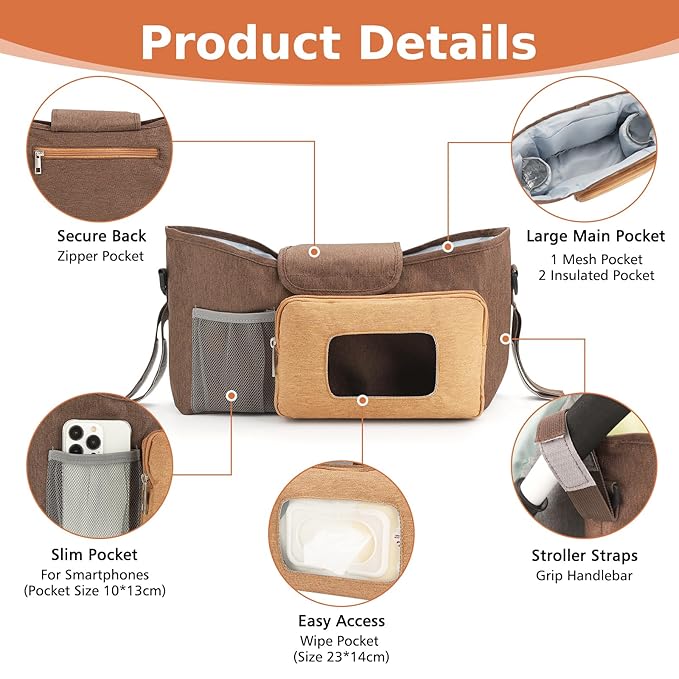 Accmor Universal Stroller Organizer with Insulated Cup Holder, Stroller Caddy Bag Accessories, Stroller Cup Holder Organizer for Uppababy Baby Jogger Britax Stroller, Brown-BubblyBeeBaby